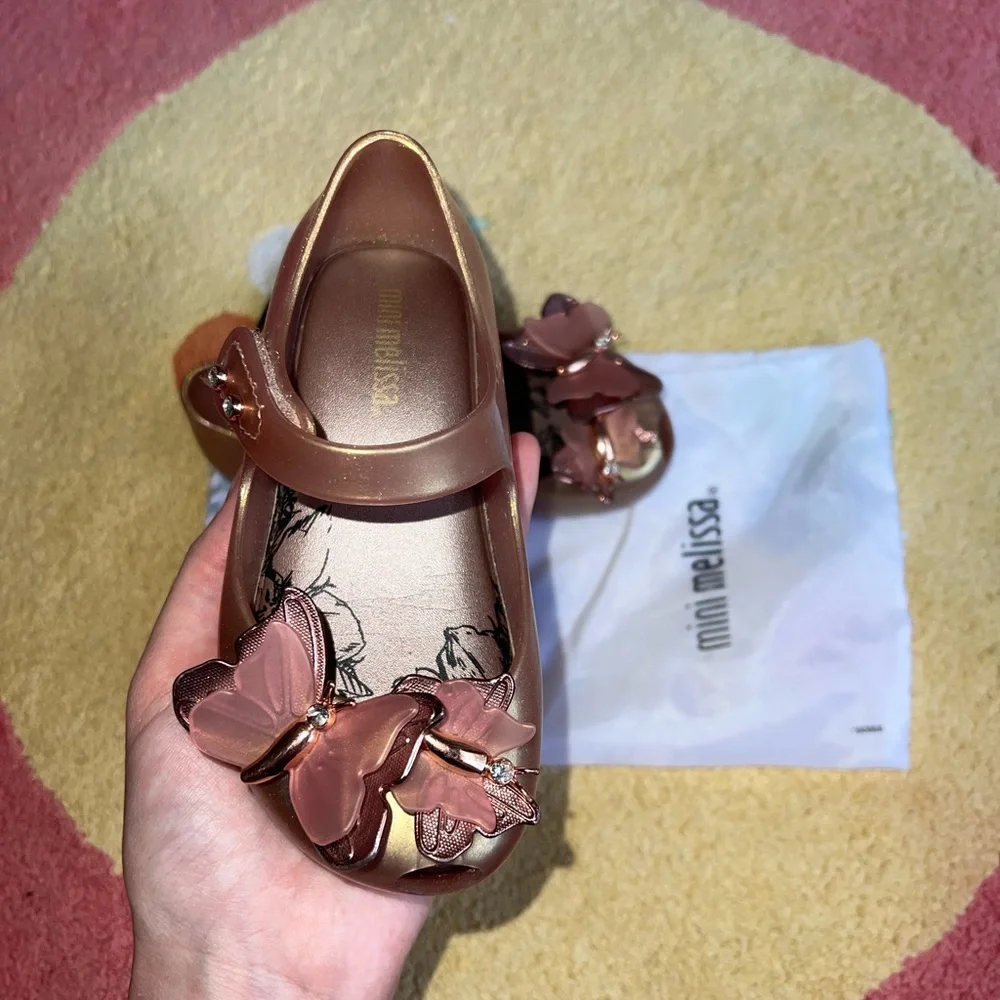 Mini Melissa Rose Gold Butterfly Mary Jane Shoes